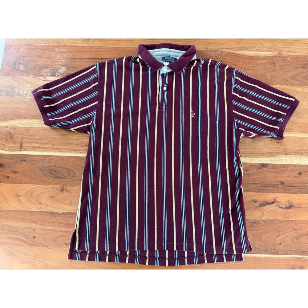 Tommy Hilfiger Vintage Mens XXL Burgundy Striped Cotton Pique Polo Shirt Crest